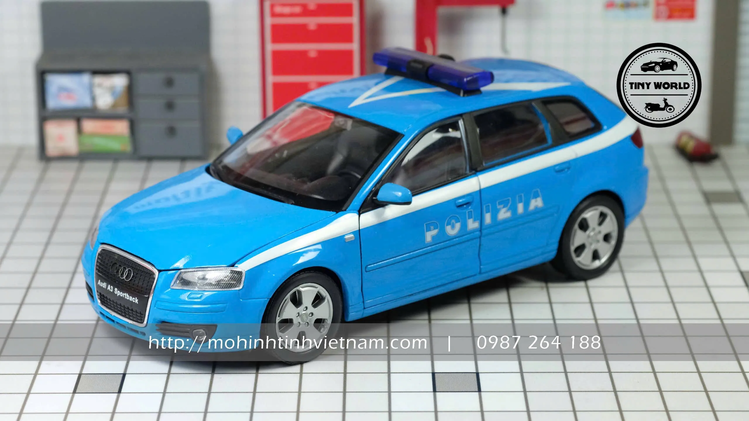 MÔ HÌNH Ô TÔ AUDI A3 SPORTBACK POLIZIA 2004 (XANH) 1:24 WELLY